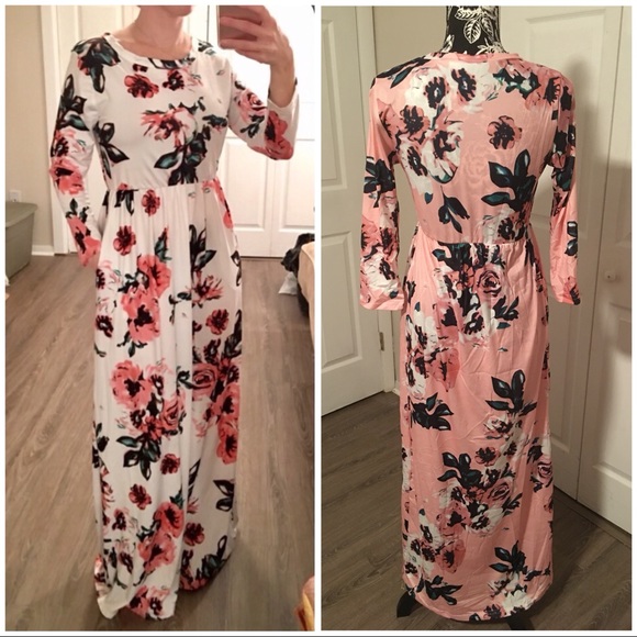 Pink Floral Maxi Dress with Pockets - Picture 3 of 3